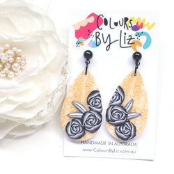 GOLD LACE - Teardrop Dangles (Black roses)