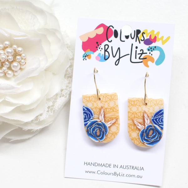 GOLD LACE - Half Moon Dangles (Blue roses)