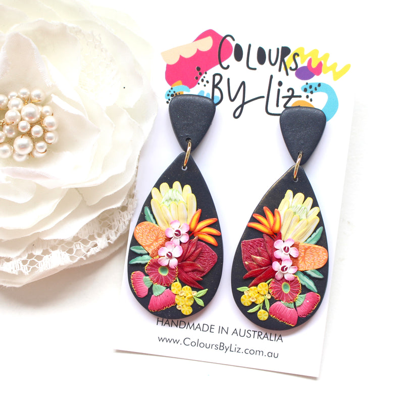 NATIVE FLORALS (Black) - Teardrop Dangles