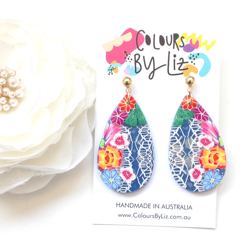 KEBAYA FLORALS (Navy) - Teardrop Dangles