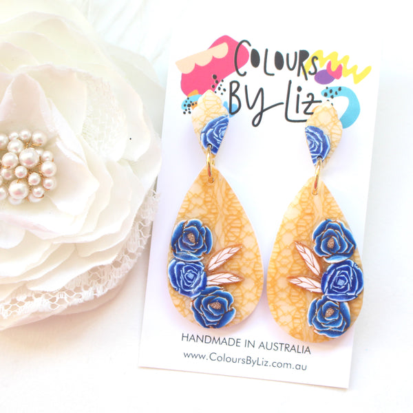 GOLD LACE - Teardrop Dangles (Blue roses)